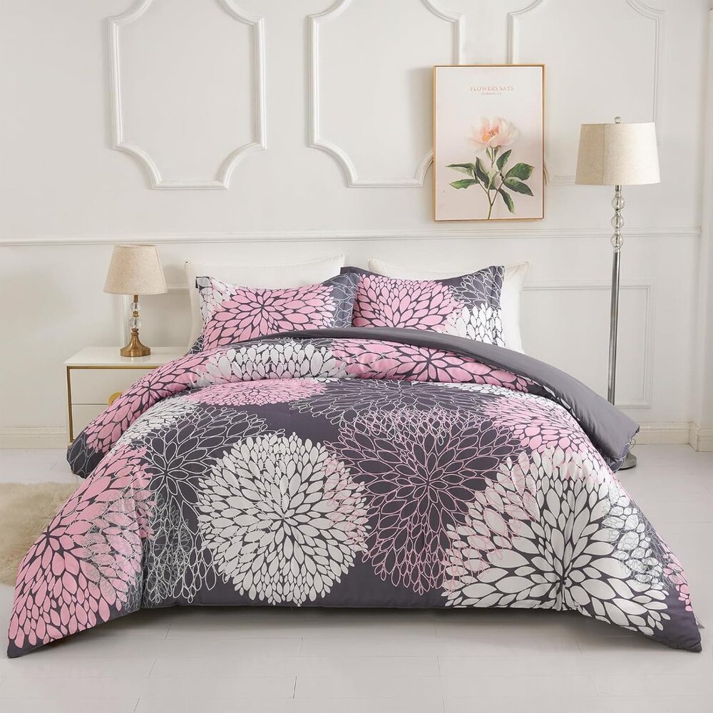 3pcs Pink And Grey Comforter Set Queen Size, Floral Bedding Sets Queen With Pink